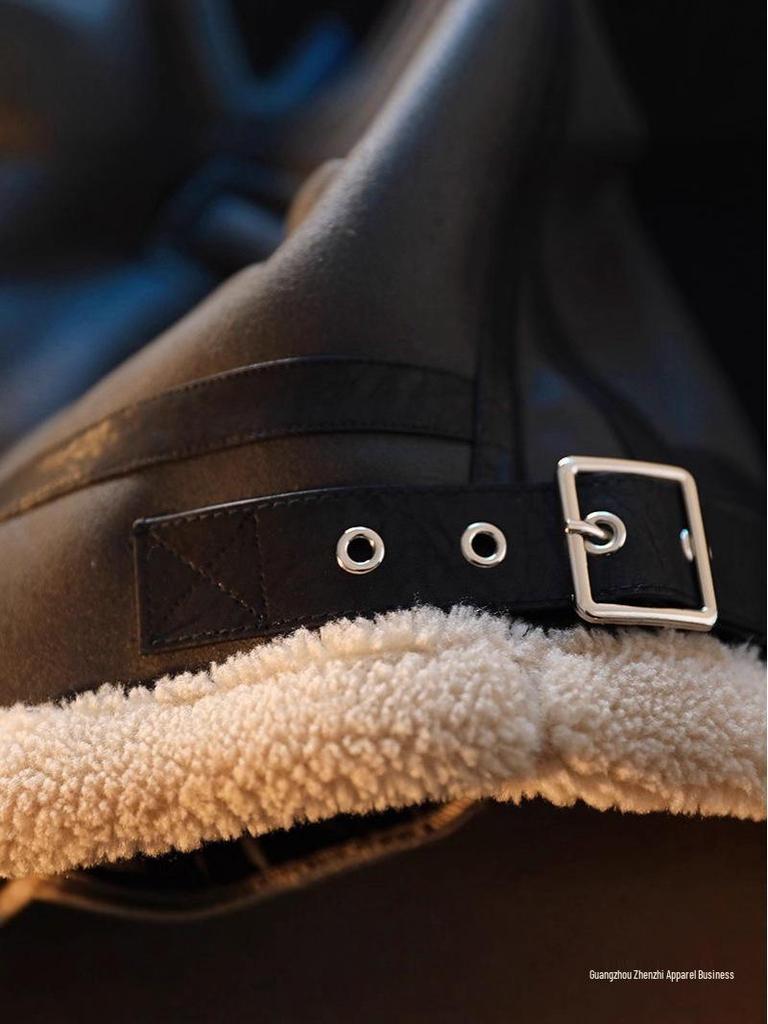 Men's Lambswool-Lined Leather Jacket with Fur Collar - Autumn/Winter Motorcycle Style