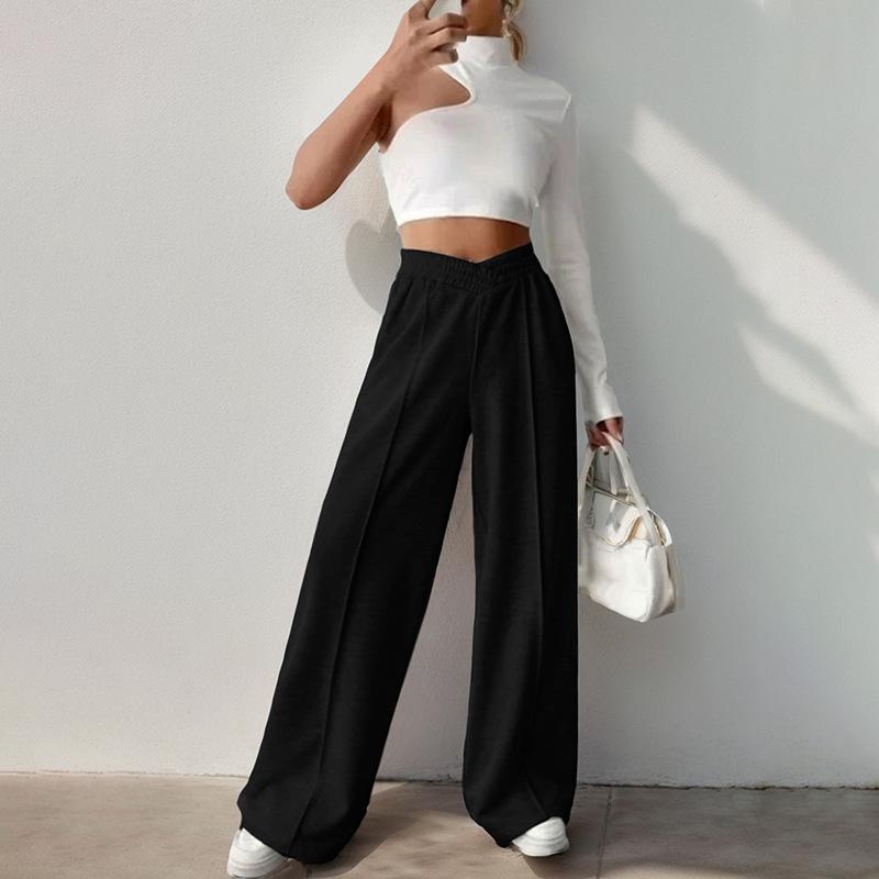 Ladies Casual Elastic V-High Waist Patches Wide Leg Pants