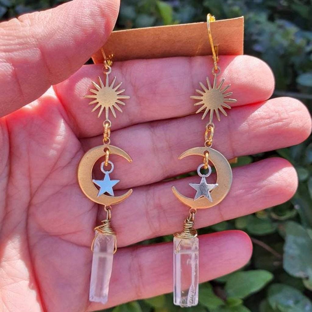 Silver Geometric Quartz Earrings With Moon And Star Design For Women Summer
