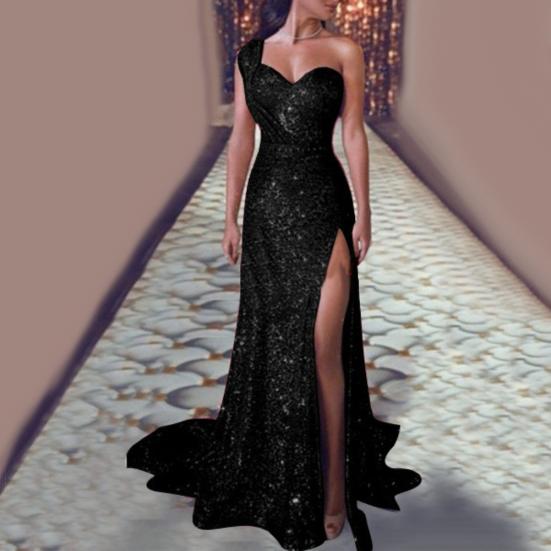 Club Party Women Sexy Plus Size Sequined One Shoulder Split Maxi Evening Dress