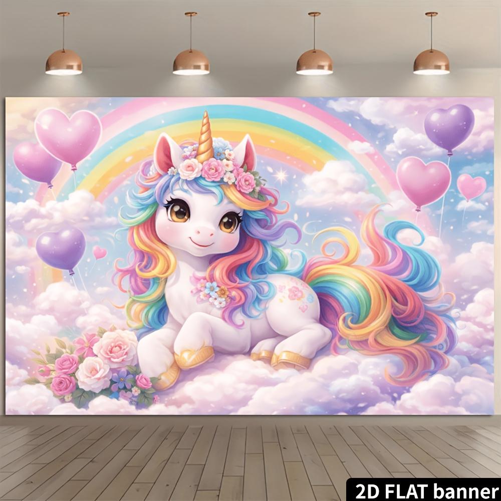 2D Plane Rainbow Unicorn Theme Background Cloth - Cloud Balloon and Flower Elements Polyester Material Wall Decoration
