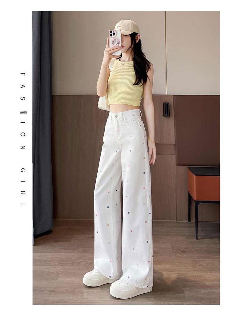 Petite Plus Size Winter White Floral Embroidered Wide Leg Jeans