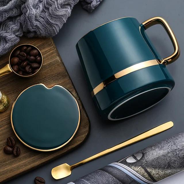 Simple Modern Ceramic Spoon Set Gold Metal Tea Cup Vintage Reusable Tazas De Cafe Drinkware Coffee
