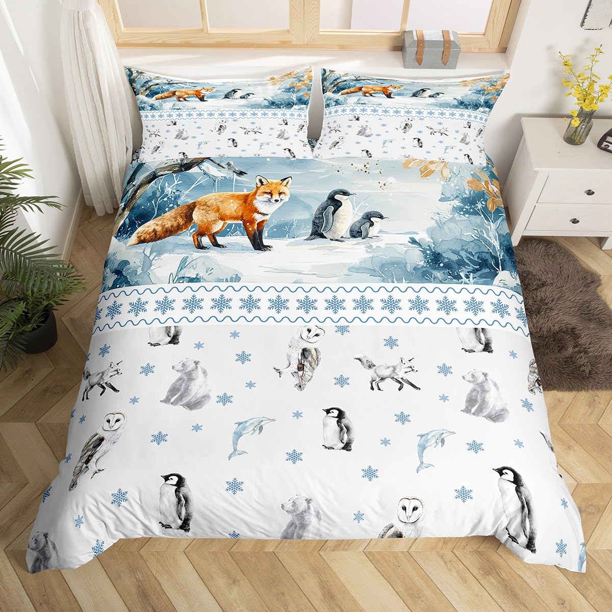 

Fox And Snow Duvet Cover Sets For Kids Teens Queen Lightweight Quilt Cover With 2 Pillowcase Winter Themed Bedding Set No Quilt EU Single(135*200cm)3pcs