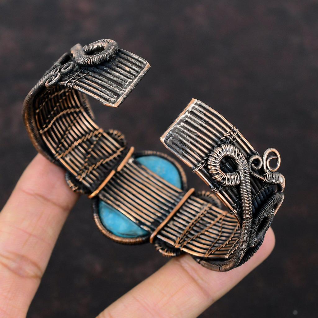 Smithsonite Copper Cuff Bracelet Copper Wire Wrapped Bangle Natural Gemstone Cuff Adjustable Bangle Handmade Copper Jewelry Anniversary Gift