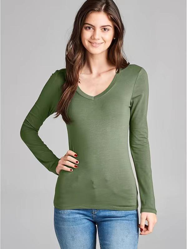 

2026 Autumn/Winter European Style Plus Size Women s V-neck Slimming Long Sleeve T-shirt 4XL оливковый