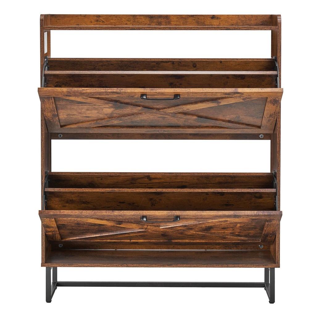 Shoe Cabinet with 2 Flip Drawers, Farmhouse Shoes Storage Cabinet with Metal Legs and Anti-Tipping Device, Freestanding Shoe Organizer Ideal for