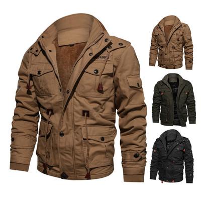 Men Winter Jacket with Multiple Pockets Zipper & Button Closure Thickened Plush Inner Oversize Tactical Cotton Coats Windproof Keep Warm Work