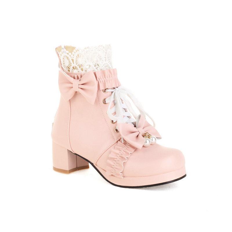 Autumn/Winter Women's Short Boots with Front Strap White Lolita Princess Shoes Winter Short Boots for Women
