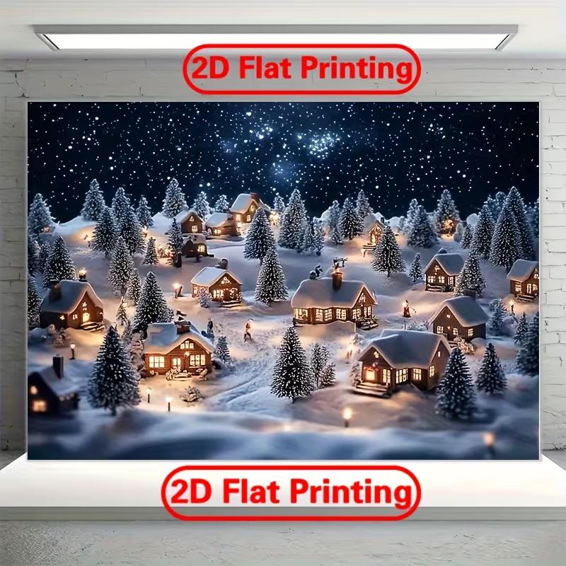 2D Winter Starry Night Village Backdrop Photography Background Banner