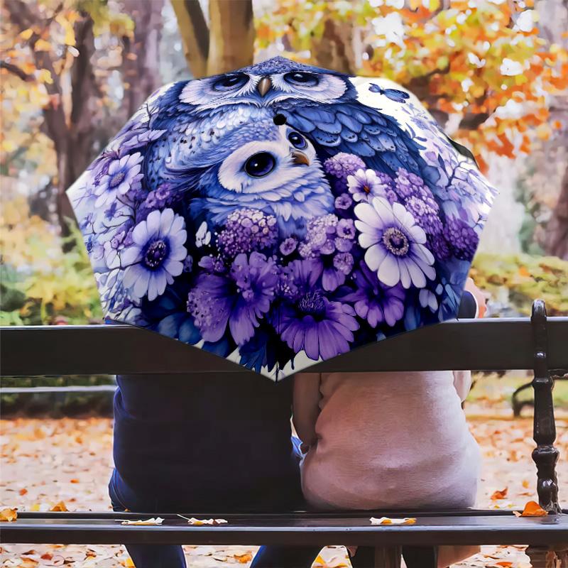 Flower Owl pattern, automatic folding umbrella, portable and foldable design, 8 ribs, a Christmas or birthday gift.