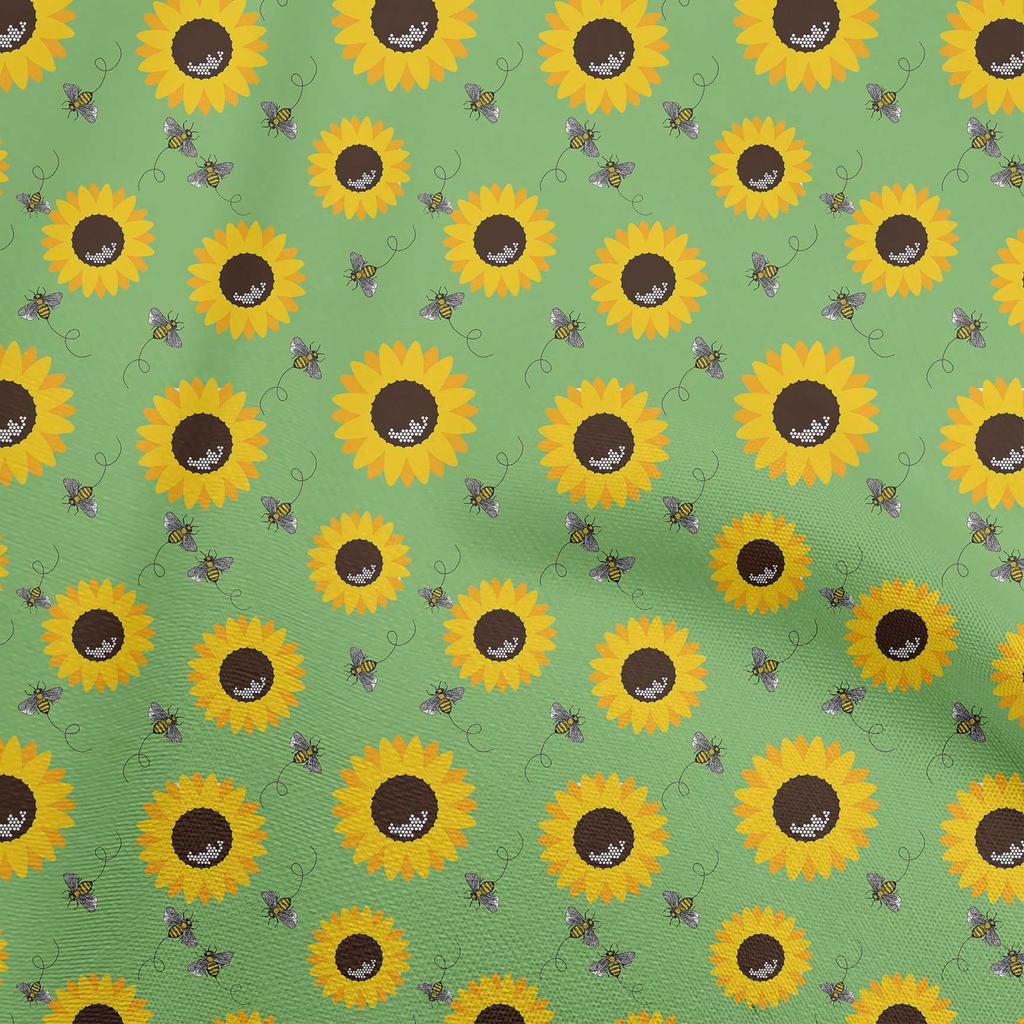 oneOone Cotton Flex Green Fabric Floral Sunflower With Honey Bees Sewing Material Print Fabric By The Yard 40 Inch