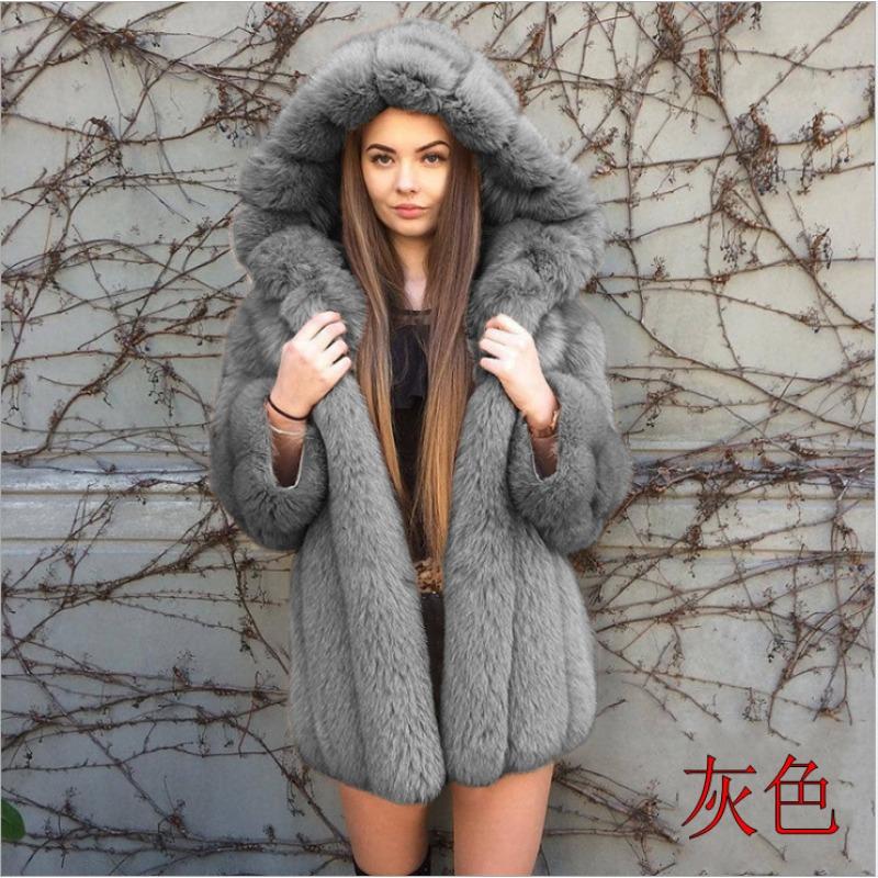 Fur Sales Fox Fur Imitation Fur Jacket Women's Hooded Splicing Medium and Long Coat Light Luxury European and American Style