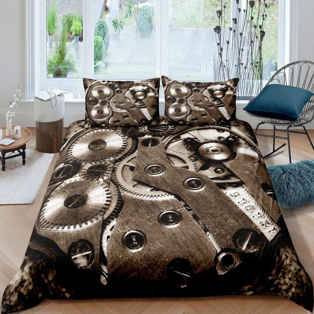 Goldener Industrieller Zahnradkönig Voller Bettbezug Steampunk-Stil Bettwäscheset Mechanische Vorrichtung Bettdeckenbezug Polyester Bettbezug