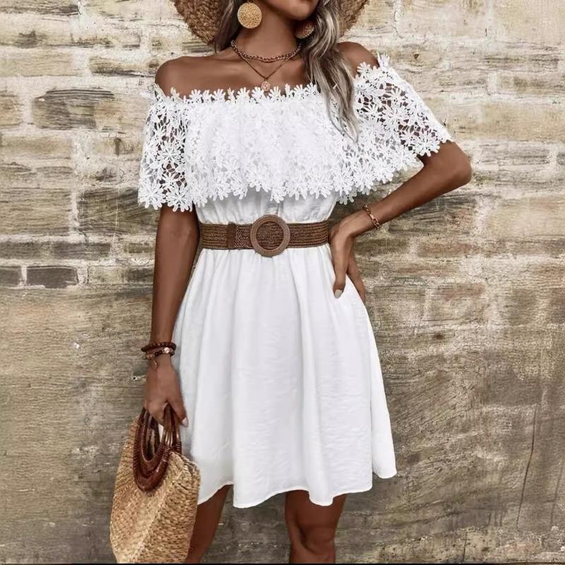 Vestido de verão feminino solúvel em água com renda e patchwork de uma linha e ombro de fora