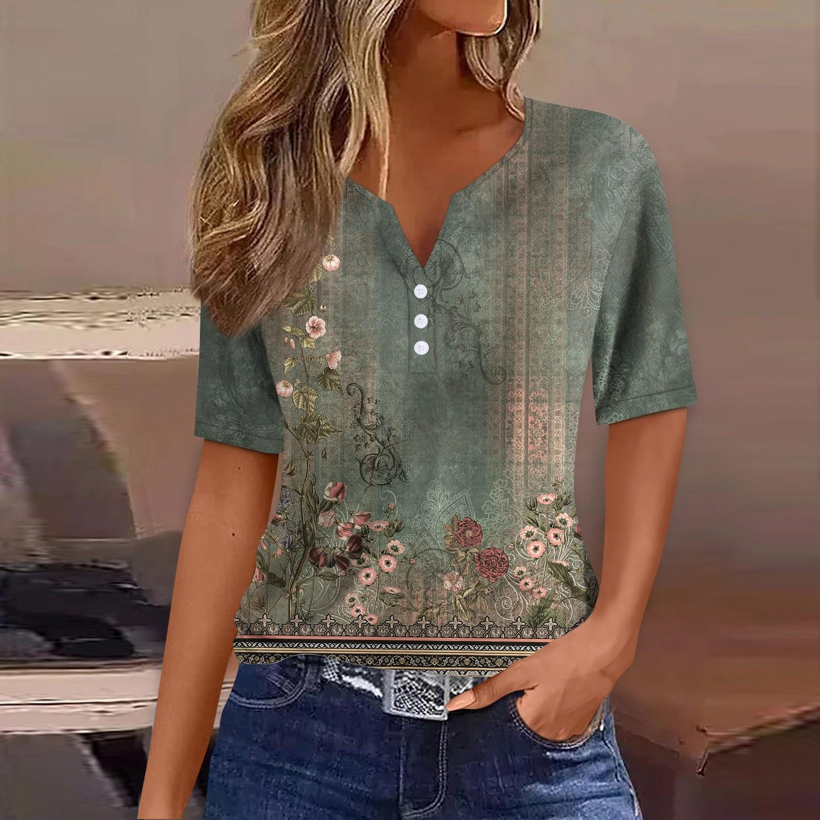 

Жен. Футболка Футболка С принтом Пуговицы С короткими рукавами Повседневные Выходные Мода Классический V-образный вырез Обычный Верх L