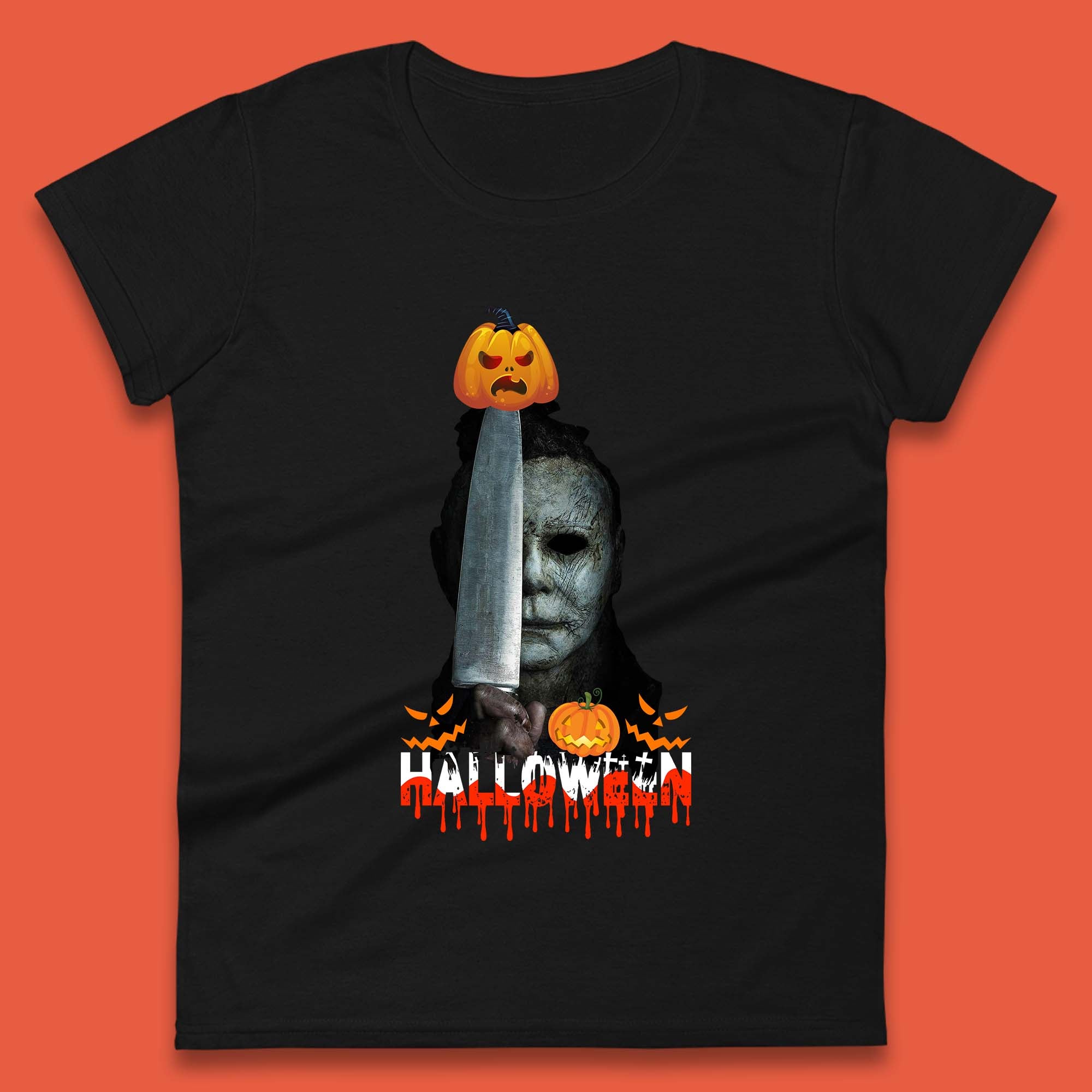 Halloween Michael Myers Holding Knife Pumpkin Horror Movie Character Serial Killer Womens Tee T Shirt Mens Tops Unisex Top S