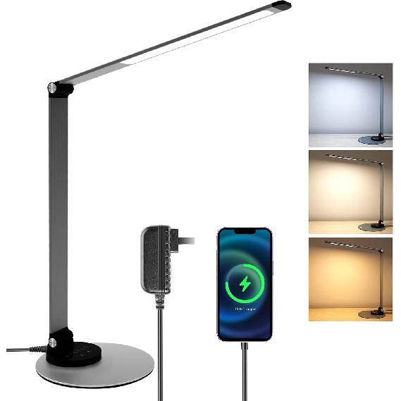 LED Desk Lamp for Home Office, Foldable Desk Light USB Charging Port Touch Control, 3 Color Temp, 6 Brightness, Metal Table Lamp Eye-Caring Reading