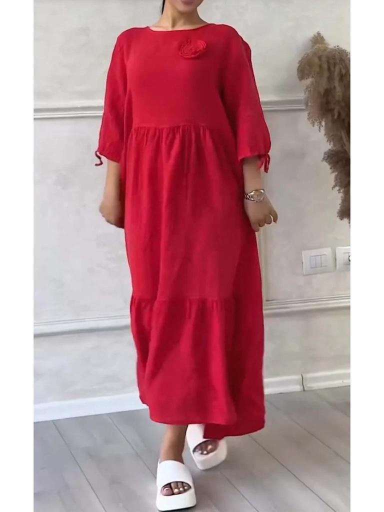2024 EU & US Style Women's Round Neck Gathered Long Sleeve Drawstring Back Tie Solid Casual Dress