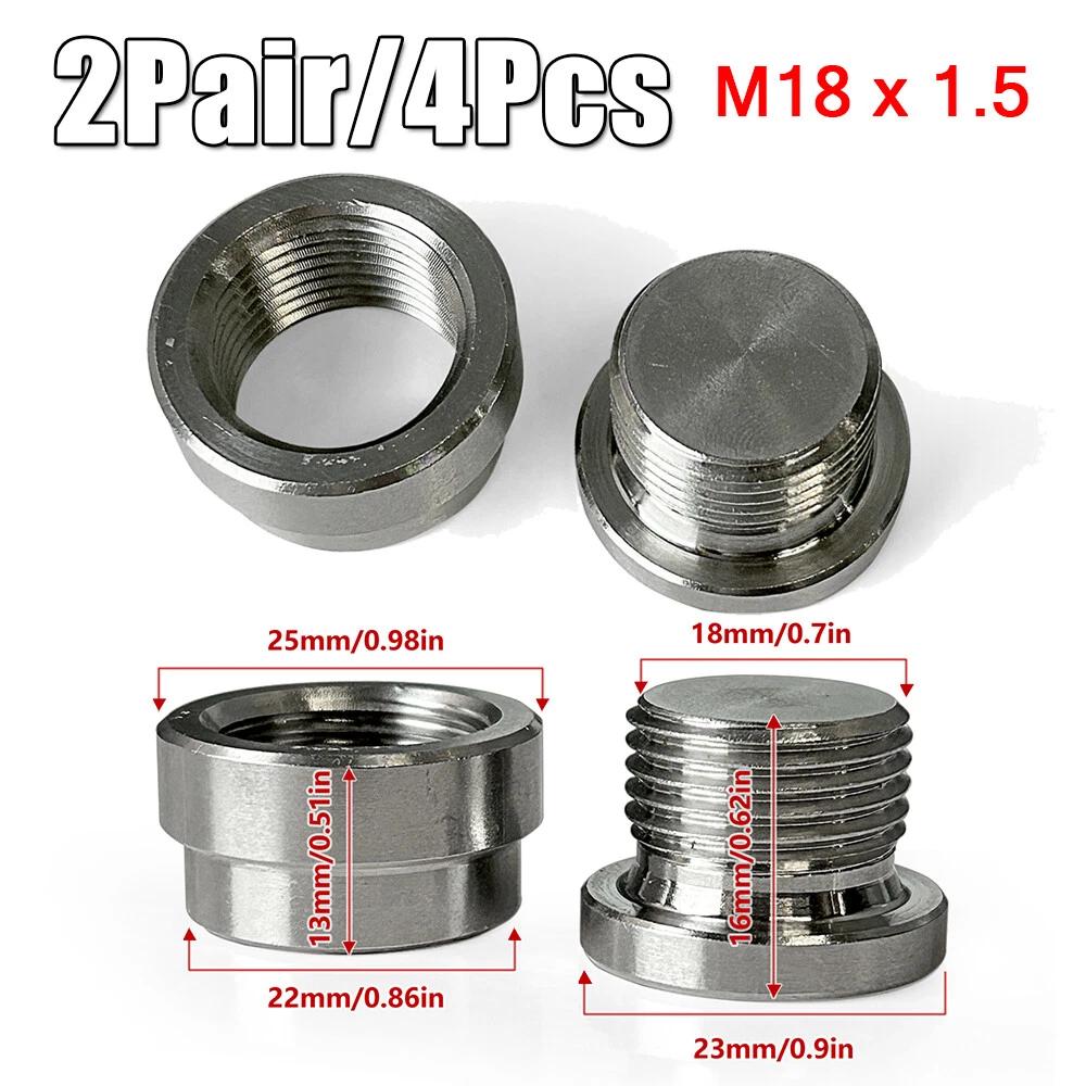 2 пары резьбовых втулок M18x1.5 для лямбда-зонда O2, навариваемые, из нержавеющей стали 304, ступенчатые заглушки 2pair