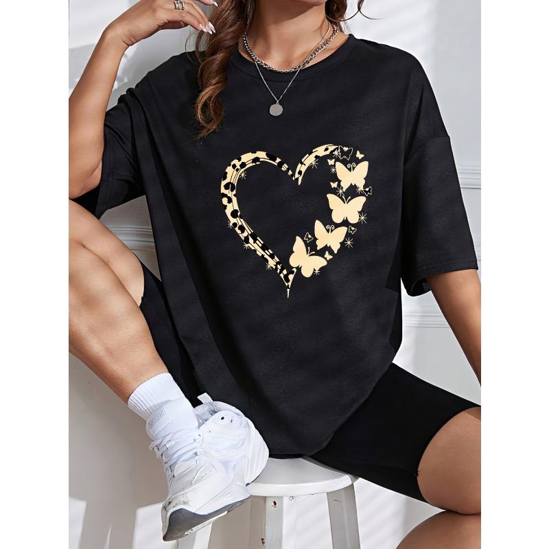 White Short Sleeve T Shirt With Leopard Heart And Butterflies Print Casual Summer Top For Women