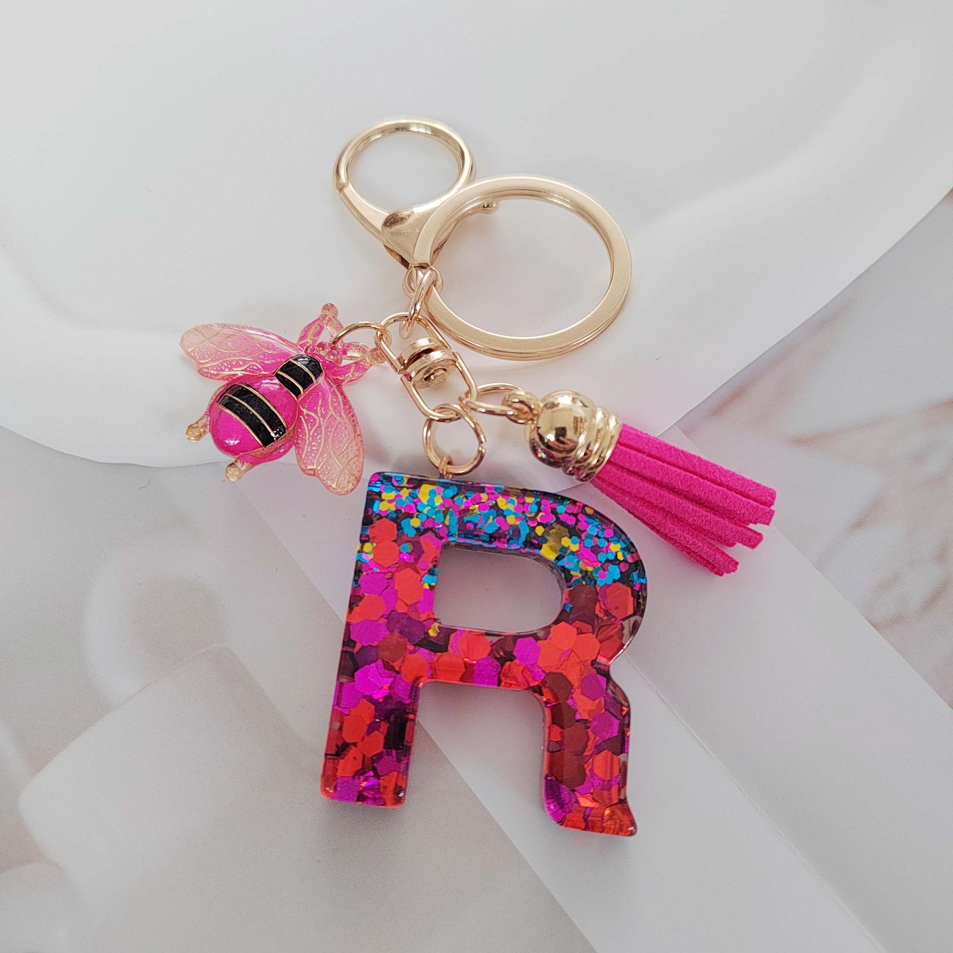 Mixed Color Alphabet Resin Drip Keychain with Bee Tassel Pendant