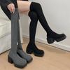 Fashion Women's New Spring Autumn Elastic Socks Boots Long Tube Over Knee Thick Heel Slimming Knit Socks Shoes Polyurethane Sole Rubber