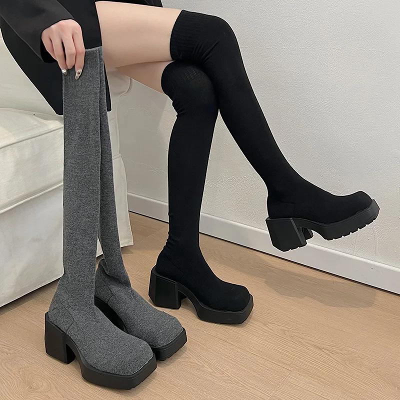 Fashion Women's New Spring Autumn Elastic Socks Boots Long Tube Over Knee Thick Heel Slimming Knit Socks Shoes Polyurethane Sole Rubber