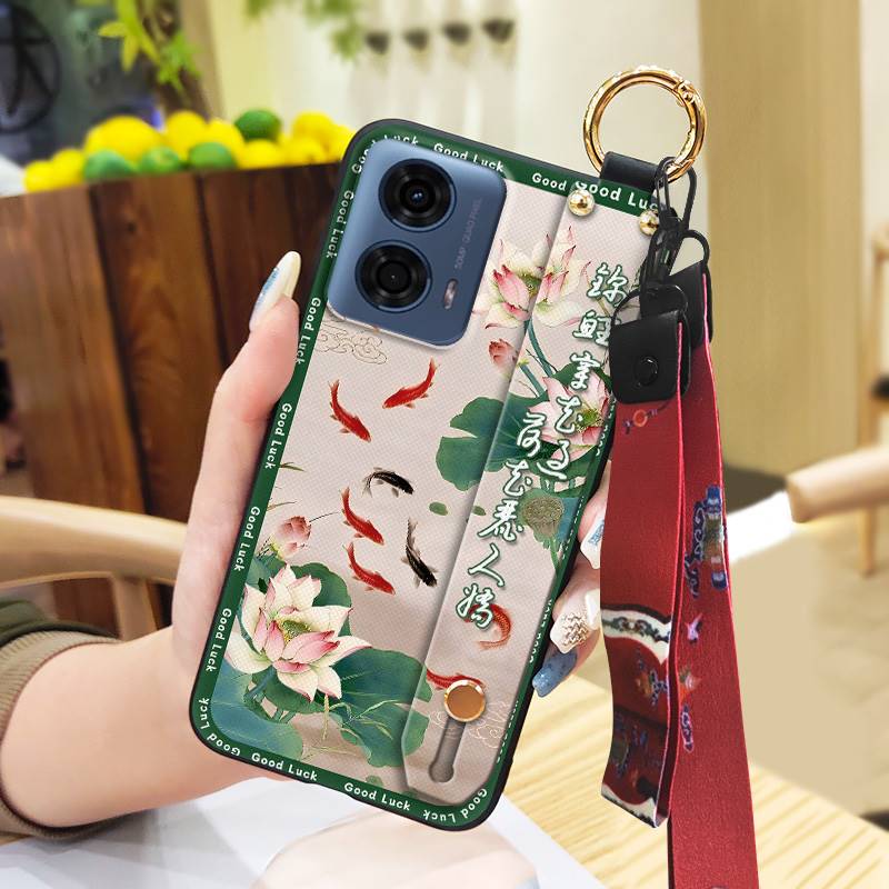 Anti-dust Wrist Strap Phone Case For MOTO G24 Power Lanyard For Mom Durable Wristband Fashion Kickstand Silicone Ring