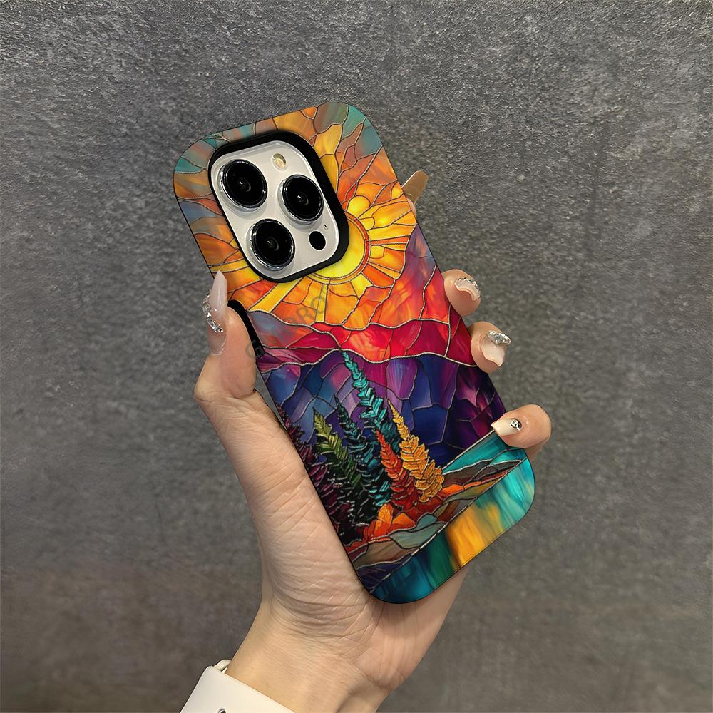 Retro sunset glazed landscape pattern iPhone16 matte two-in-one film mobile phone case Apple 17 foreign trade explosion
