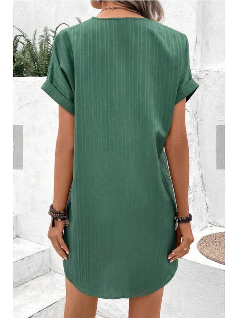 European & American Women's V-neck Solid Color Pullover Dress - 2023 Casual Fashion, Button Detail.
