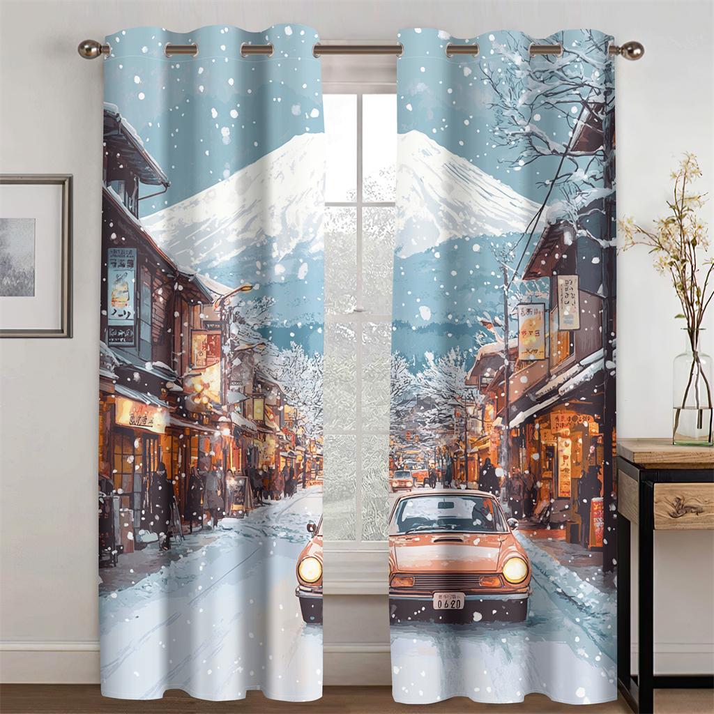 Klassischer Cartoon Berg Fuji Vorhang Schnee Straßen Atmosphäre 2 Paneele Wohnzimmer Schlafzimmer Küche Balkon Fensterdeko