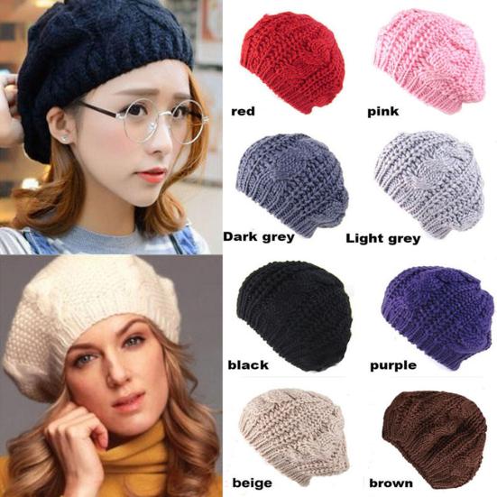 Women's Beret Solid Color Baggy Knit Crochet Beanie Hat Winter Warm Ski Cap