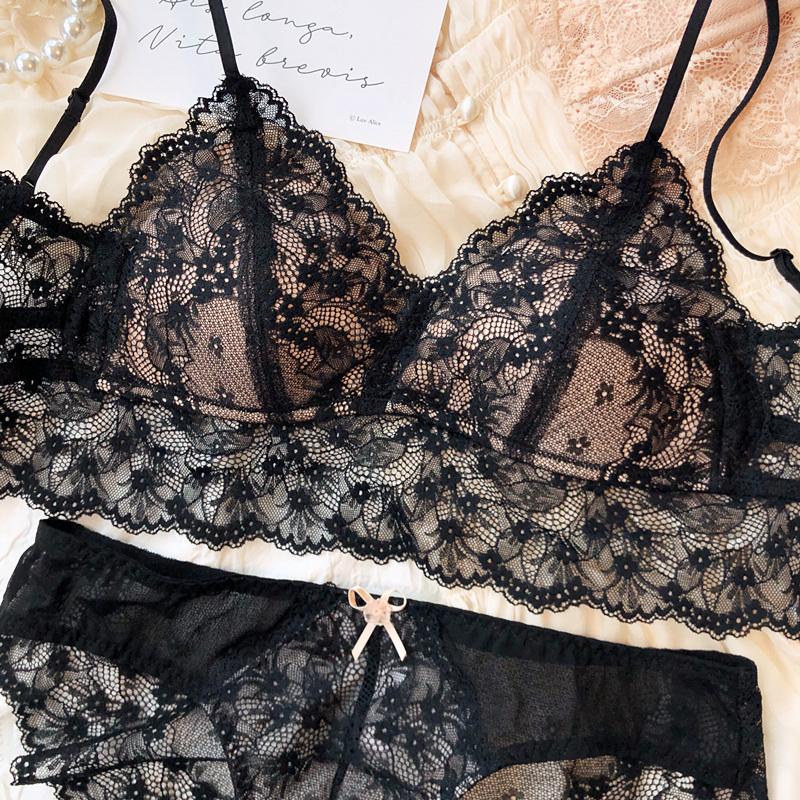 French Lace Triangular Cup Push Up Bra Set Women Sexy Lingerie Summer Comfort Fine Shoulder Strap Bras Backless Underwear Sets