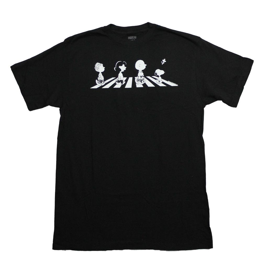 Peanuts New Adult T-Shirt Black White Snoopy and the Gang Crossing Abbey