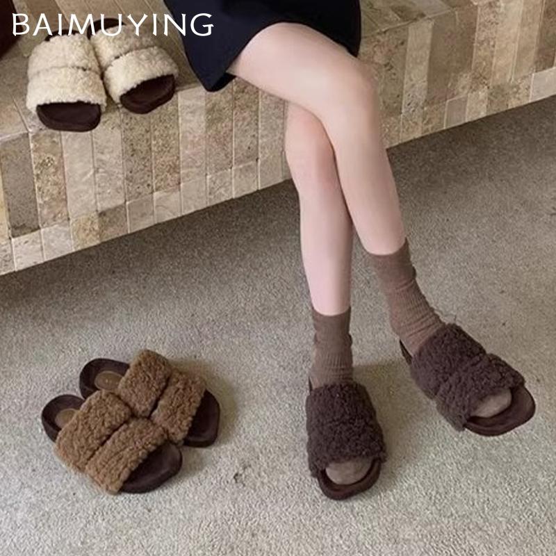 Fur Flats Women Slippers Designer Square Toe Short Plush Casual Shoes 2025 Trend Walking Cozy Home Winter New Mujer Zapatillas