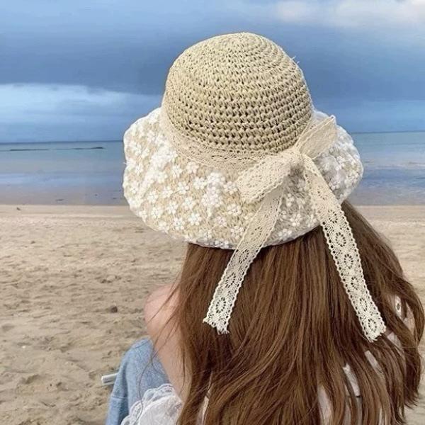 Straw hat ins lace-up hollow straw hat women's summer travel sun protection beach seaside sun hat lace edge sun hat