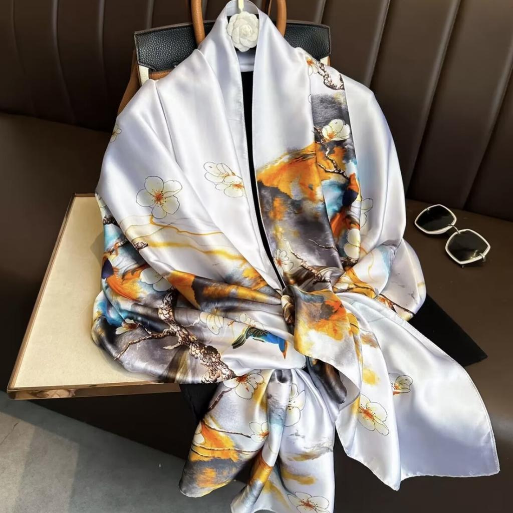 Korean Silk Brocade Scarf with Floral and Animal Motifs In Green
