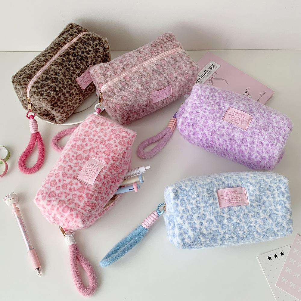 Geantă de machiaj cu imprimeu leopard pufos, capacitate mare, geantă de machiaj pentru fete, pluș moale, poșetă cosmetică pentru femei, genți organizatoare în stil ins