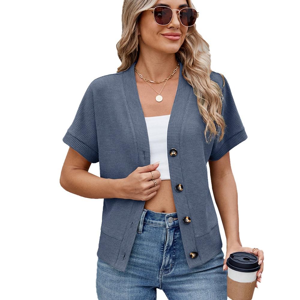 Women's Waffle‑Knit V‑Neck Short Sleeve Button‑Front Open Cardigan Casual Summer Sweater Top