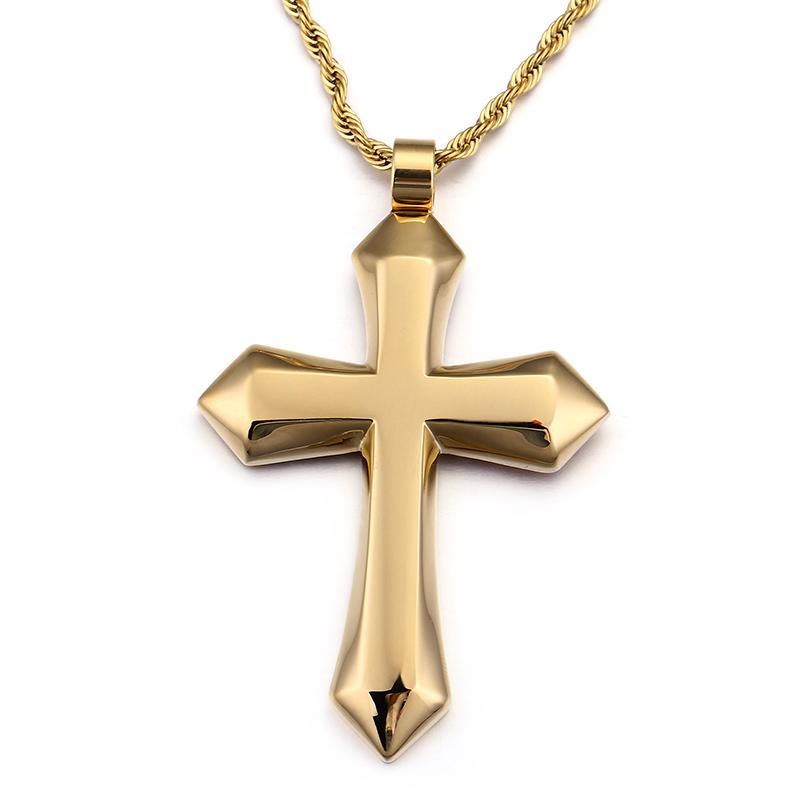 Heavy Big Shiny Golden Cross Pendant Men's Necklace Stainless Steel Punk Trend Jewelry Chunky Metal Cross Charm Gift