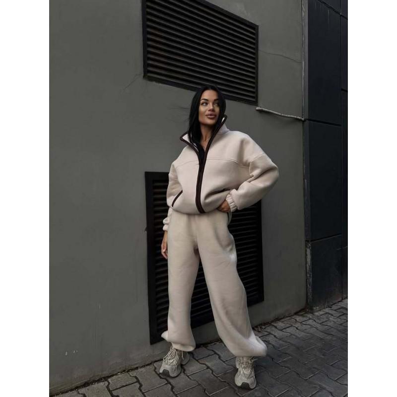 Womens Casual Two-Piece Set Long Sleeve Zip-Up Cardigan Elastic Waist Wide Leg Pants Soft Stretch Fabric Streetwear Outfit