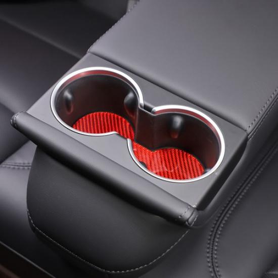 Red Carbon Fiber Rear Water Cup Holder Mat Trim Sticker for Tesla Model 3 23-24