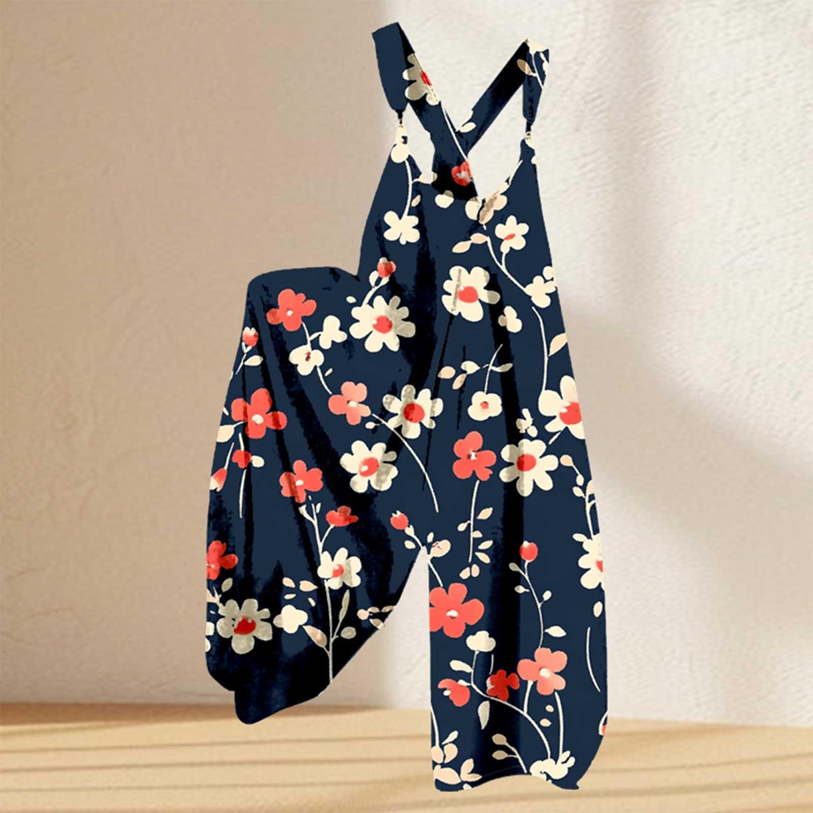 

Женский комбинезон с цветочным принтом, повседневный свободный комбинезон из хлопка и льна L темно-синий