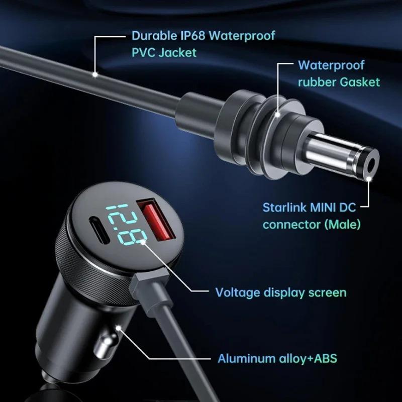 For Starlink Charger USB Type C Cigarrete Lighter Car Charger 12V-24V Vehicles 2M Digital Voltmeter Waterproof Extension Cable