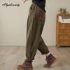 Korean Fashion Herbst Frühling Frauen Harem Hosen Hohe Taille Schwarz Khaki Beiläufige Lose Hosen Vintage Patchwork Baumwolle Cord Capris
