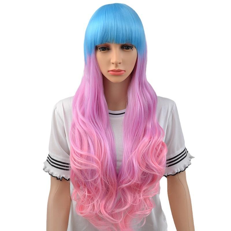 Qi Bangs Long Curly Hair Anime Wig Sky Blue Bangs Light Purple Gradual Change Powder