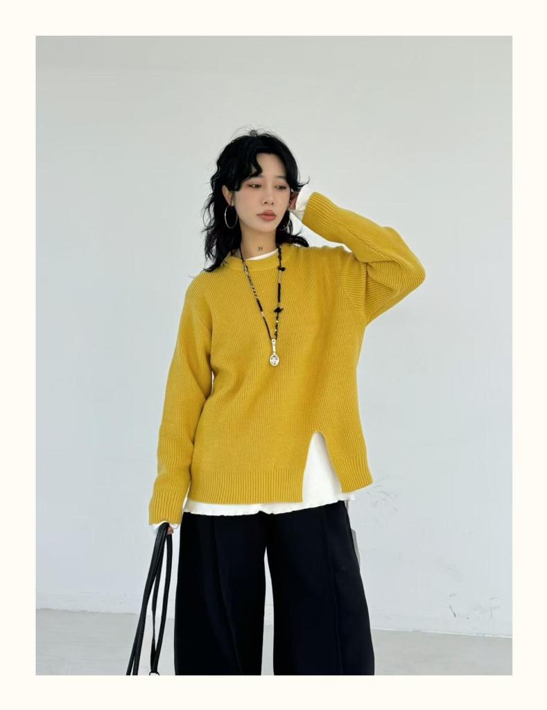Becabeau Women's Winter Loose Knit Sweater, Plus Size, Korean Casual Style, Split Design, Crew Neck