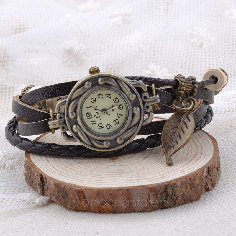 Womens Leather Tree Leaf Quartz Wrist Watch Bracelet Orange Watch