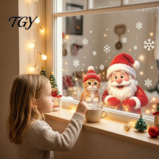 Holiday Glass Decals Christmas Santa Cat Window Sticker, Snowflake Xmas Decal, Waterproof Seasonal Pet Lover Gifts Self-Adhesive Decor for Balcony